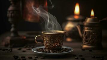 stomen Turks koffie met koffie bonen, lekker, dichtbij schot. generatief ai foto