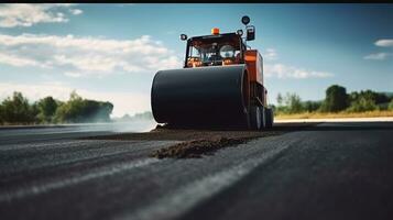 weg bouw, rol rollend vers heet asfalt Aan de nieuw weg. generatief ai foto