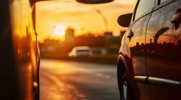 zonsondergang in de stad, zomer zonsondergang Aan de snelweg auto's. dichtbij omhoog van auto kant spiegel, generatief ai foto