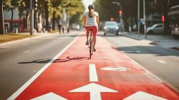 een vrouw genieten van de rood fiets rijbaan, begeleid door de fiets tekens Aan de straat. generatief ai foto