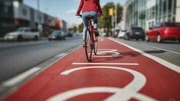 verkeer, stad vervoer en mensen concept - vrouw wielersport langs rood fiets rijbaan met tekens van fietsen Aan straat. generatief ai foto