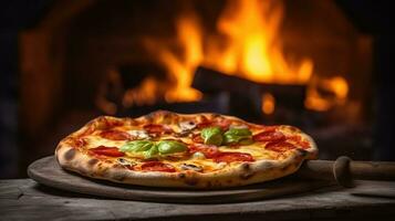 traditioneel gebakken pizza Aan achtergrond van wazig steen oven brand. generatief ai foto