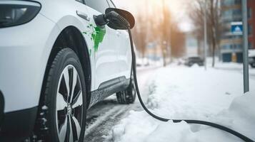 elektrisch auto opladen accu in winter - voertuig, macht en groen energie concept. generatief ai foto