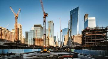 hoog gebouwen onder bouw en kranen onder een blauw lucht in centraal stad. generatief ai foto