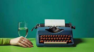 een anoniem figuur Bij een tafel, genieten wijn en creëren magie met een oud schrijfmachine, tegen een opvallend tweekleurig achtergrond. generatief ai foto