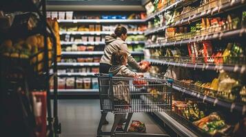 een jong moeder en haar baby met een kruidenier kar Kiezen voedsel Aan een supermarkt plank. generatief ai foto