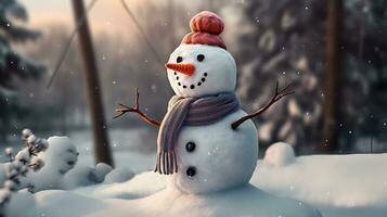 mooi sneeuwman met sjaal en hoed net zo winter sneeuw tijd of nieuw jaar decoratie, generatief ai foto