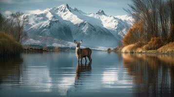 een hert staand in voorkant van een berg meer met een reflectie van zijn gewei in de water met sneeuw afgedekt pieken in de achtergrond. generatief ai foto