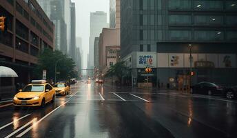 een regenachtig stad straat gevulde met veel van verkeer en hoog gebouwen. generatief ai foto