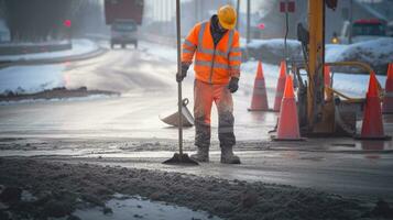 weg arbeider in winter met drilboor. generatief ai foto