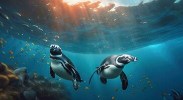 een paar pinguïns en de betoverend dans van delicaat vis in de omgeving van hen. generatief ai foto