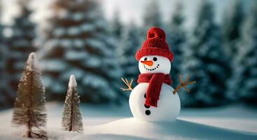 een vrolijk sneeuwman in een besneeuwd wonderland met rood hoed en sjaal. generatief ai foto