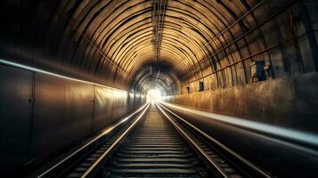 metro tunnel met wazig licht sporen met aankomen trein in de tegenover richting. generatief ai foto