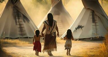 inheems Amerikaans Indisch vrouw wandelen met kinderen richting tipi. generatief ai foto