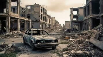 een vernietigd auto staat tussen de ruïnes van huizen in een door oorlog verscheurd stad, generatief ai foto