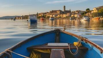 rustig wateren, tijdloos charme, boten kader de toneel- stad van marta Aan meer bolsena, generatief ai foto