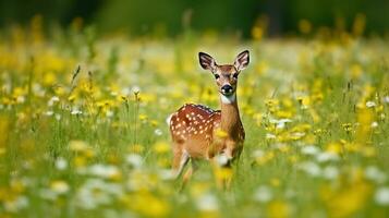 ree hert, kauwen groen bladeren in mooi bloeiend weide met veel wit en geel bloemen en dier, generatief ai foto