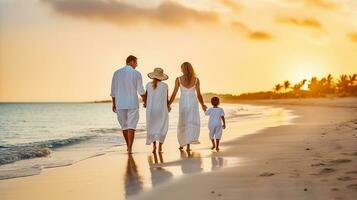 een elegant familie in wit zomer kleding wandelingen hand- in hand- naar beneden een tropisch paradijs strand gedurende zonsondergang tijd. generatief ai foto