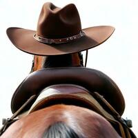 rodeo paard rijder, wild west cultuur, americana en Amerikaans land muziek- concept thema met een bruin leer cowboy hoed geïsoleerd Aan wit achtergrond met clip-pad besnoeiing uit. generatief ai foto