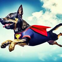 hond gekleed in superheld kostuum zittend bovenstaand een laag van wolken in de hemel.generatief ai foto