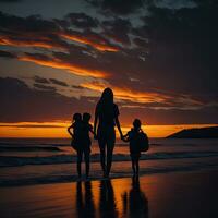 gelukkig familie met kinderen wandelen Bij zonsondergang tijd generatief ai foto