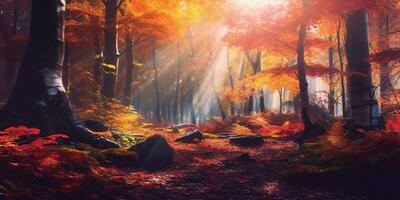 toeristen trekking verbazingwekkend herfst Woud in de ochtend- zonlicht. rood en geel bladeren Aan bomen in de Woud gouden Woud landschap foto