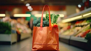 boodschappen doen Tassen met vers groenten, milieuvriendelijk voedsel Aan een houten tafel met wazig supermarkt gangpaden in de achtergrond. foto