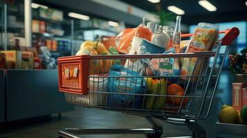 boodschappen doen kar vol van voedsel en drankjes en supermarkt schappen achter kruidenier boodschappen doen concept. foto