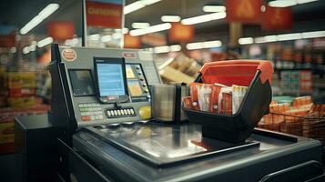 mooi glimlachen Kassa werken Bij kruidenier winkel, kassa foto