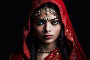 mooi Indisch meisje Hindoe vrouw model- in sari en kundan accessoires rood traditioneel kostuum van Indië foto