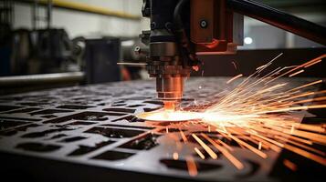 cnc frezen machine. laser snijdend van staal voor metaal. machine gereedschap industrie tentoonstelling, laser vonken foto