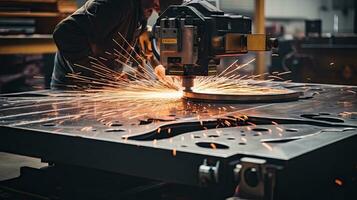 cnc frezen machine. laser snijdend van staal voor metaal. machine gereedschap industrie tentoonstelling, laser vonken foto