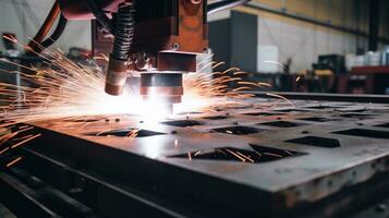 cnc frezen machine. laser snijdend van staal voor metaal. machine gereedschap industrie tentoonstelling, laser vonken foto