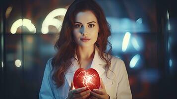 vrouw dokter toetssteen virtueel hart in hand- hand- getrokken menselijk organen markeren rood is een symbool van ziekte. ziekenhuis behandeling concept foto