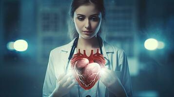 vrouw dokter toetssteen virtueel hart in hand- hand- getrokken menselijk organen markeren rood is een symbool van ziekte. ziekenhuis behandeling concept foto