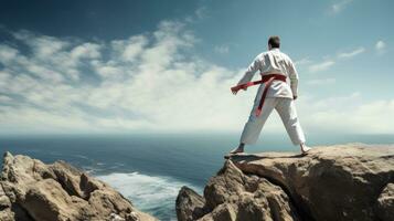 geïsoleerd wit karate vechter in wit uniform staand in de midden- van een klif foto