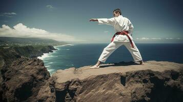 geïsoleerd wit karate vechter in wit uniform staand in de midden- van een klif foto