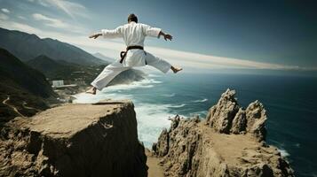 geïsoleerd wit karate vechter in wit uniform staand in de midden- van een klif foto