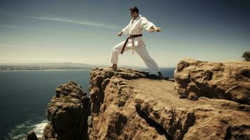 geïsoleerd wit karate vechter in wit uniform staand in de midden- van een klif foto