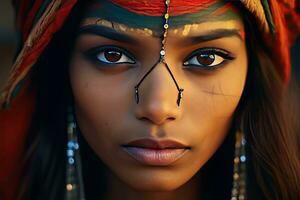 mooi rood Indisch vrouw met groot Amerikaans Indisch veer achtergrond foto