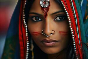 mooi rood Indisch vrouw met groot Amerikaans Indisch veer achtergrond foto
