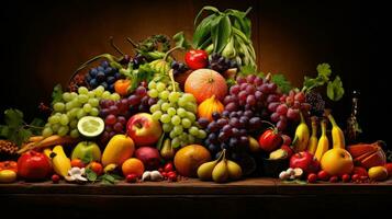 studio schot van divers fruit en groenten geïsoleerd Aan zwart achtergrond. top visie. hoog resolutie producten foto