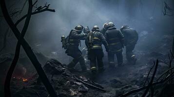 detailopname van brandweerlieden vervelend maskers. strijd bosbranden net zo klimaat verandering en globaal opwarming rit wildvuur trends in de omgeving van de wereld foto