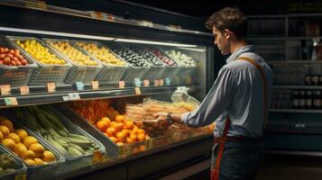 jong Mens winkelen, zetten fruit in manden in een groot modern supermarkt naar kopen voedsel. foto