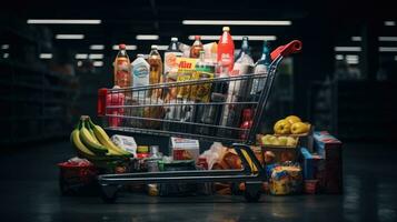 boodschappen doen kar vol van voedsel en drankjes en supermarkt schappen achter kruidenier boodschappen doen concept. foto