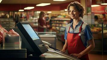 mooi glimlachen Kassa werken Bij kruidenier winkel, kassa foto