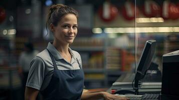 mooi glimlachen Kassa werken Bij kruidenier winkel, kassa foto