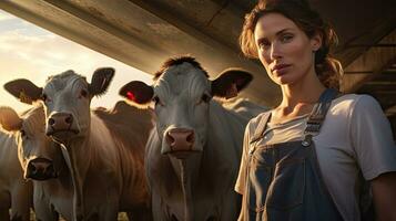 gelukkig vrouw boer staand met koeien Bij de vee boerderij.vrouw boer verhogen koeien foto