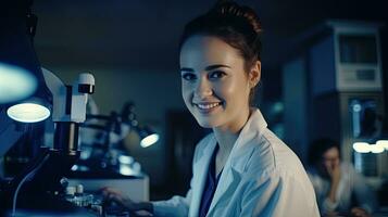 slim mooi vrouw werken in een laboratorium gebruik laboratorium apparatuur, gedrag experimenten, studie test monsters. gelukkig vrouw wetenschapper op zoek Bij camera foto