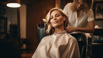 schoonheid salon, vrouw kapper aan het doen kapsel voor jong vrouw, brunette model- in haar- salon foto